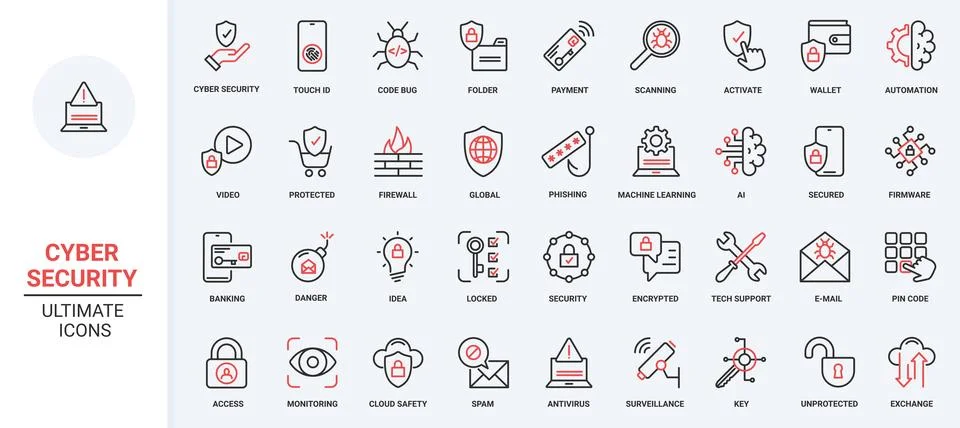 Secure information red black thin line trendy icons set for computer, laptop Stock Illustration