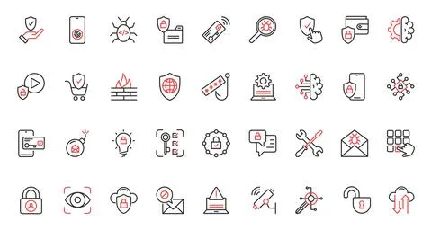 Secure information red black thin line trendy icons set for computer, laptop Stock Illustration