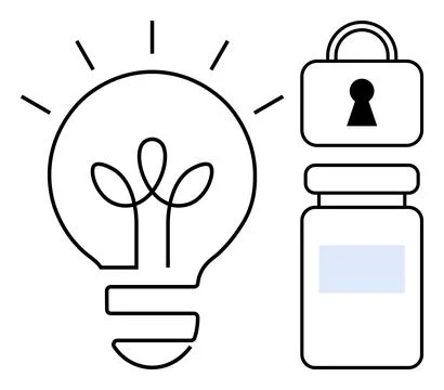 Secure Innovation and Data Protection Concept with Light Bulb and Lock Elemen Stock Illustration