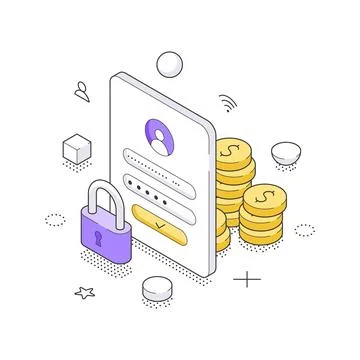 A secure isometric vector illustration showing a user login form with a padlo Stock Illustration