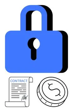 Secure Lock with Contract Document and Coin - Financial Security and Confid.. Illustrazione stock