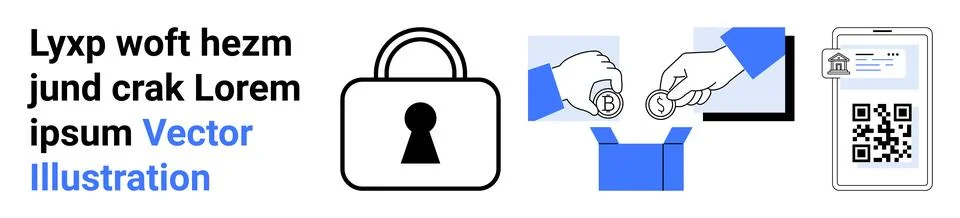 Secure lock icon, exchanging coins, QR code on a document on a smartphone, an Stock Illustration