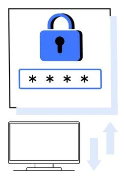Secure login concept with blue padlock, password field, computer monitor, a.. Stock Illustration