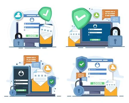 Secure login illustration set showing two-step verification, OTP authentication. Stock Illustration