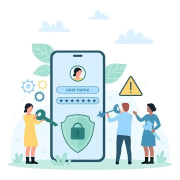 Secure login to mobile phone app using username and password, tiny people Illustrazione stock