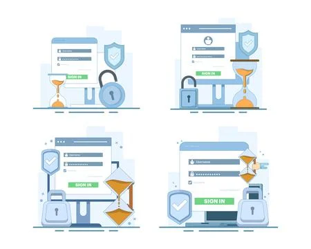 Secure login set featuring username and password fields, computer access. Stock Illustration