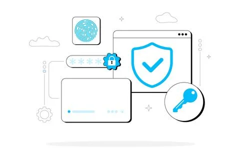 Secure login with shield, key, and fingerprint. Stock Illustration