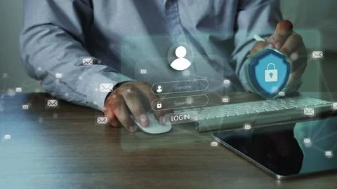 Secure mail server login interface with encryption shield and password auth.. Stock Photos