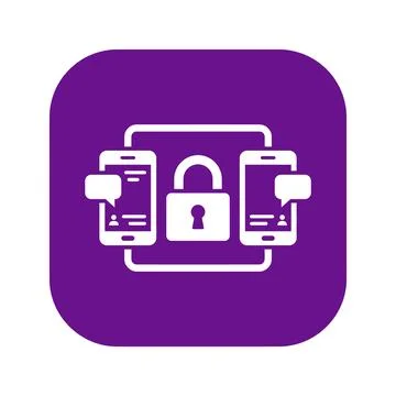 Secure messaging icon with purple background featuring smartphones and padloc Stock Illustration