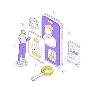 Secure mobile authentication and user data privacy isometric illustration. A  Stock Illustration