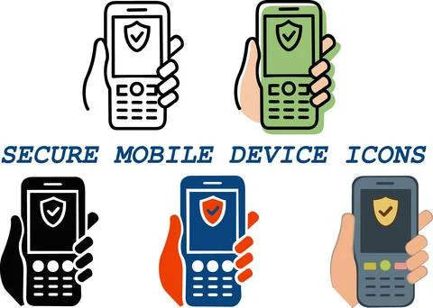 Secure mobile device hand holding smart phone icons Stock Illustration