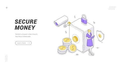 Secure Money banner template. Isometric vector illustration shows a woman by  Stock Illustration