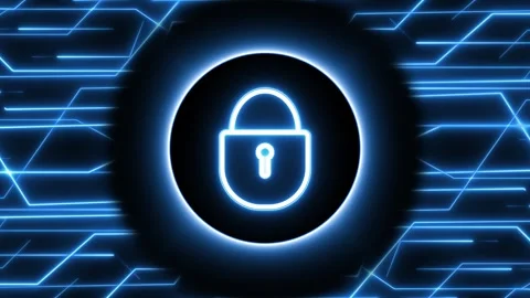 Secure neon padlock icon activates on a digital motherboard background. Cyb.. Stock Footage 338240222