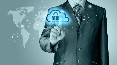 Secure Online Cloud Computing Concept with business man Illustrazione stock