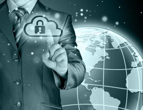 Secure Online Cloud Computing Concept with business man Stock Illustration