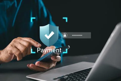 Secure online payment digital banking processes involve person using smartp.. Stock Photos