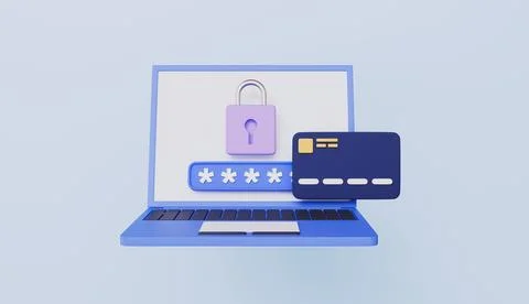 Secure online payment with laptop for ecommerce app icon 3d illustration Stock Illustration
