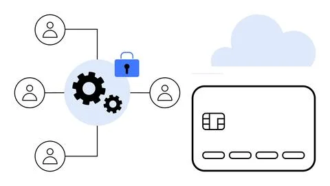Secure Online Payment Network with Cloud System and Connected Users Illustr.. Stockillustratie