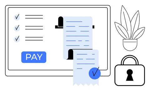 Secure Online Payment Process with Checklist, Receipt, Lock, and Plant Elemen Stock Illustration