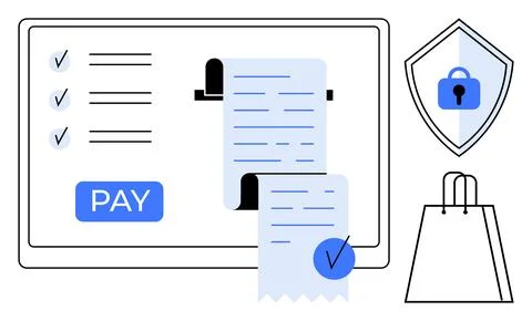Secure Online Payment Process with Receipt, Shopping Bag, and Shield Icon 스톡 일러스트