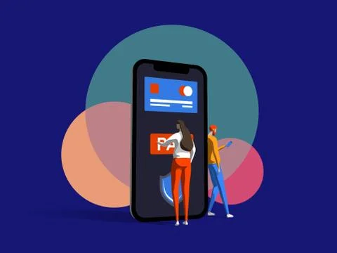 Secure online payment. Young man and woman are standing near big smartphone and Ilustración de archivo