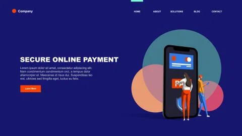 Secure online payment. Young man and woman are standing near big smartphone and Ilustración de archivo
