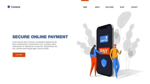 Secure online payment. Young man and woman are standing near big smartphone and 스톡 일러스트
