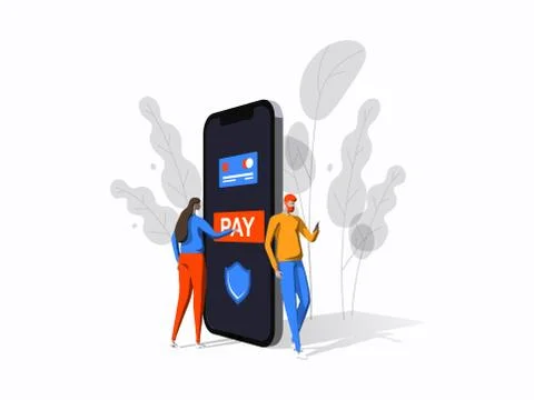 Secure online payment. Young man and woman are standing near big smartphone and Ilustração Stock