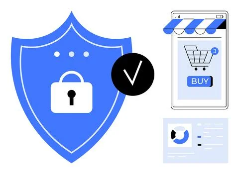Secure Online Shopping Concept with Lock, Checkmark, and Shopping Cart Stock Illustration