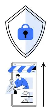 Secure Online Shopping with E-Commerce and Data Protection Symbols for Safe.. Ilustración de archivo