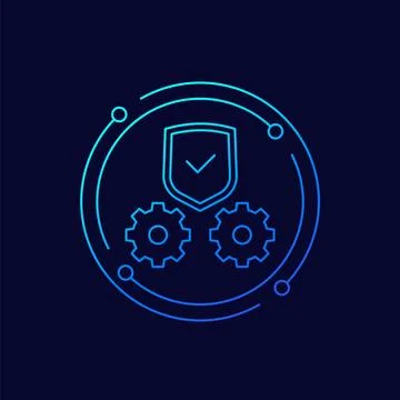 Secure operation icon with gears and a shield, linear design 스톡 일러스트
