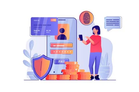 Secure payment concept with people scene. Woman accesses application using 스톡 일러스트