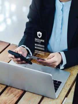 Secure payment concept. Safety shield icon on finance application login pag.. Stock Photos