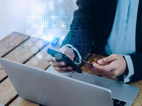 Secure payment concept. Security shield icon and lock symbol hologram appea.. Stock Photos