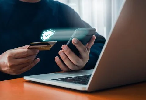 Secure payment concept. Security shield icon, hologram appear while busines.. Stock Photos