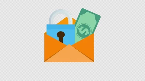 Secure Payment Envelope with Padlock and Cash Flat Finance Animation on Black Stock Footage 339769781