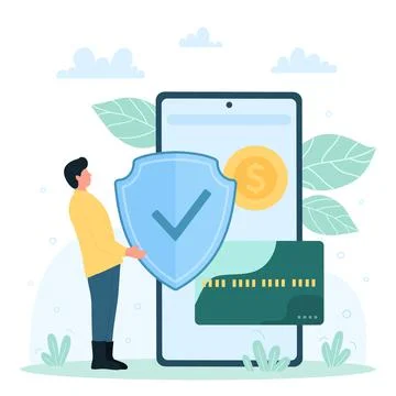 Secure payment in mobile app, tiny man holding shield to protect access to bank Stock Illustration