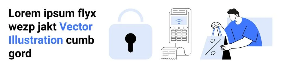 Secure Payment Processing Concept with Lock, Credit Card Machine, and Shopper Stock Illustration
