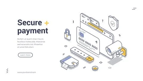 Secure payment web banner template with isometric design and line art illus.. Illustrazione stock