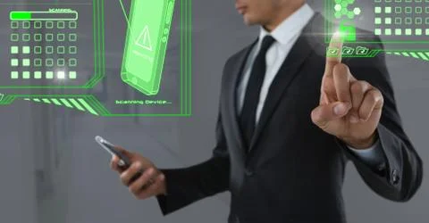 Secure phone scanning interface and Businessman touching air with phone in front Stock Photos