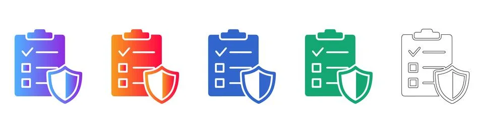 Secure Policy Checklist with Shield Protection Icon Set Stock Illustration