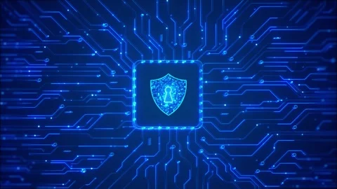 Secure processor lock interface visual with cyan shield symbol, glowing circuit Stock Footage 340526547