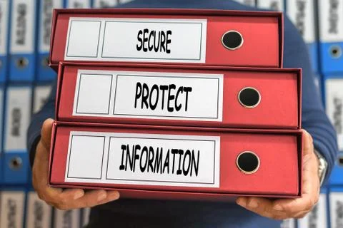 Secure, Protect, Information concept words. Folder concept. Ring binders. Stockfoto's