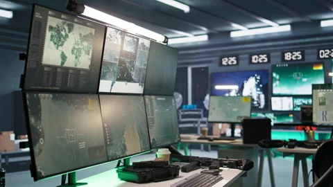 Secure room in army governmental facility used for surveillance monitoring Stock Footage 282057202