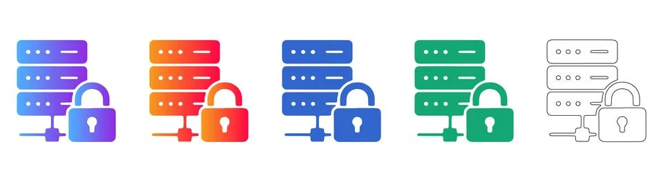 Secure server lock data protection icon set 库存插图