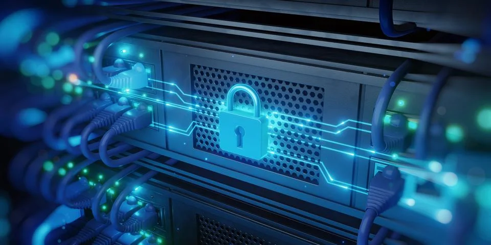 Secure Server Rack with Glowing Lock and Network Cables Stock Illustration