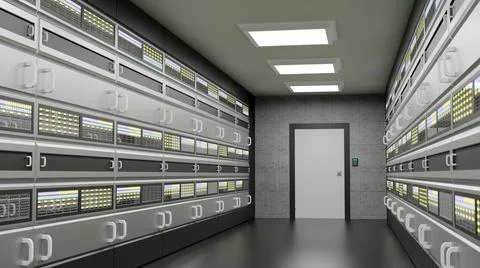 Secure server room, data center, cloud computing facility interior, server racks Stock Photos