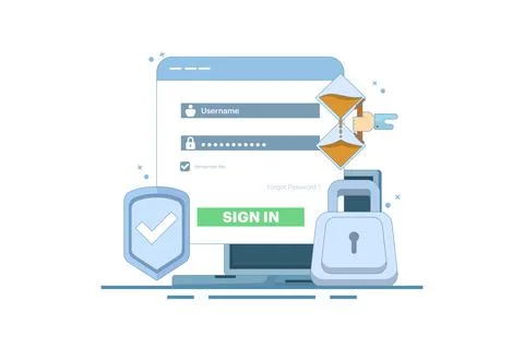 Secure session login username concept, password padlock, computer protection. Illustrazione stock