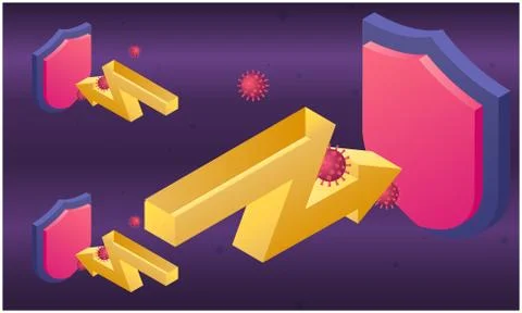 Secure Shield with arrow and bacteria on dark abstract background Illustrazione stock