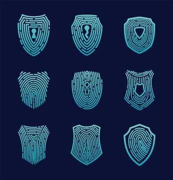 Secure shield fingerprint collection. Scan fingerprint, security or Stock Illustration